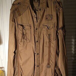 F.U.S.S.I. Jeans by Focus USA Inc. tan military style long sleeve shirt sz LG